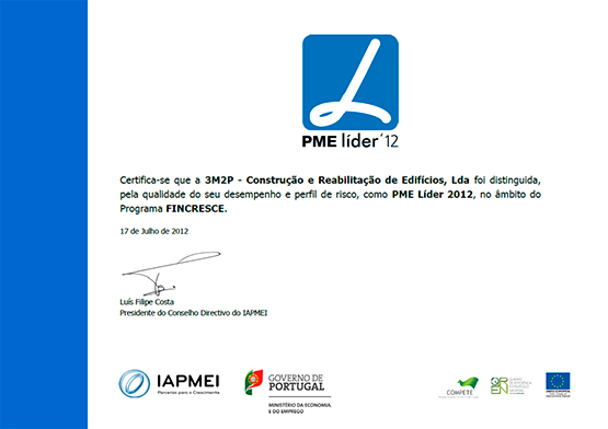 Certificado da atribuição do Estatuto PME Líder à 3M2P